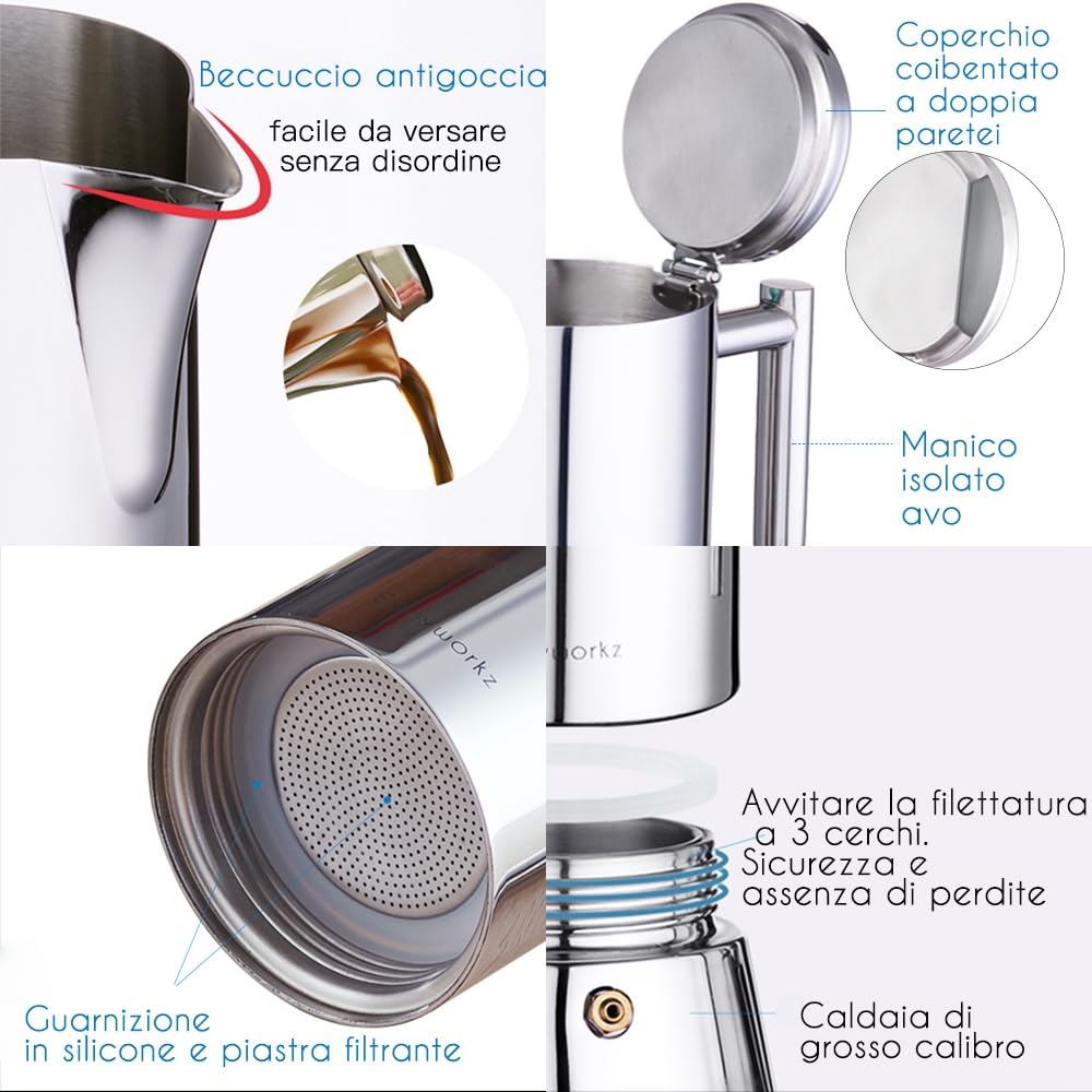 Easyworkz Diego Caffettiera Macchina per Espresso Italiana in Acciaio Inox 4 Tazze,200 ml, per fornello