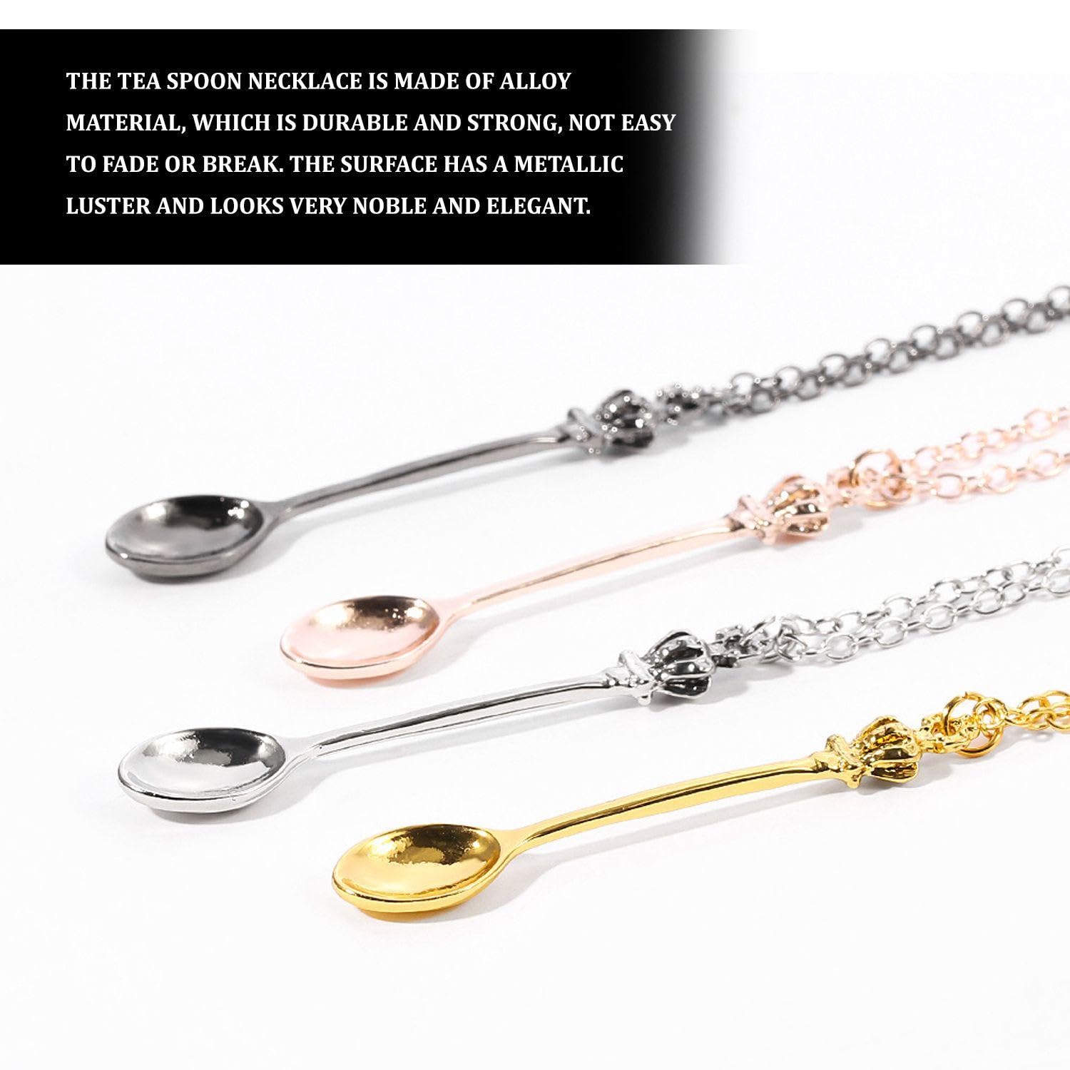 Set Di 4 Collane E 4 Portachiavi A Forma Di Cucchiaio – Gioielli Creativi Mini Cucchiaio In Lega – Colori Oro, Argento, Nero, Rosa - 4