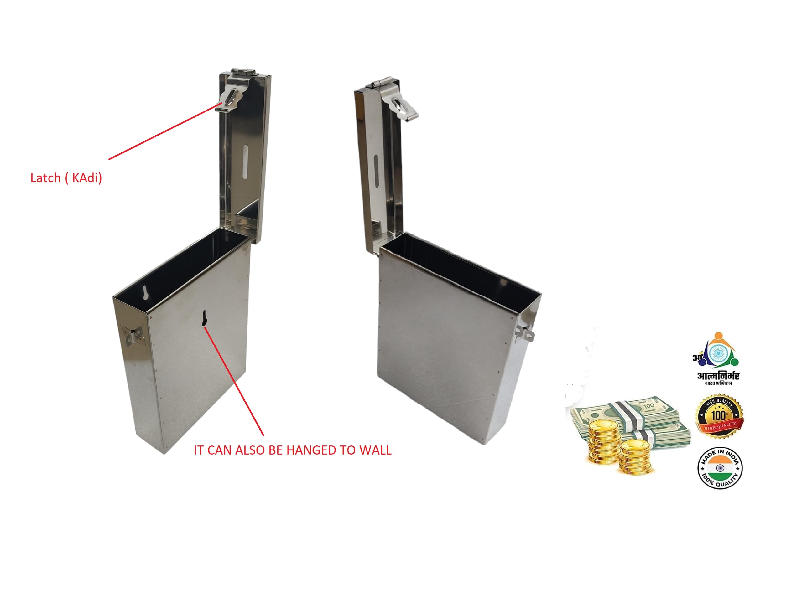 GinoSet® Coin Box/Piggy Bank/Gullak/Donation Box/Suggestion Box/Antique Coin Bank Box Stainless Steel Body Size- L-5.25 CM, W-18 CM, H-22 CM (Slim Key Lock) 2