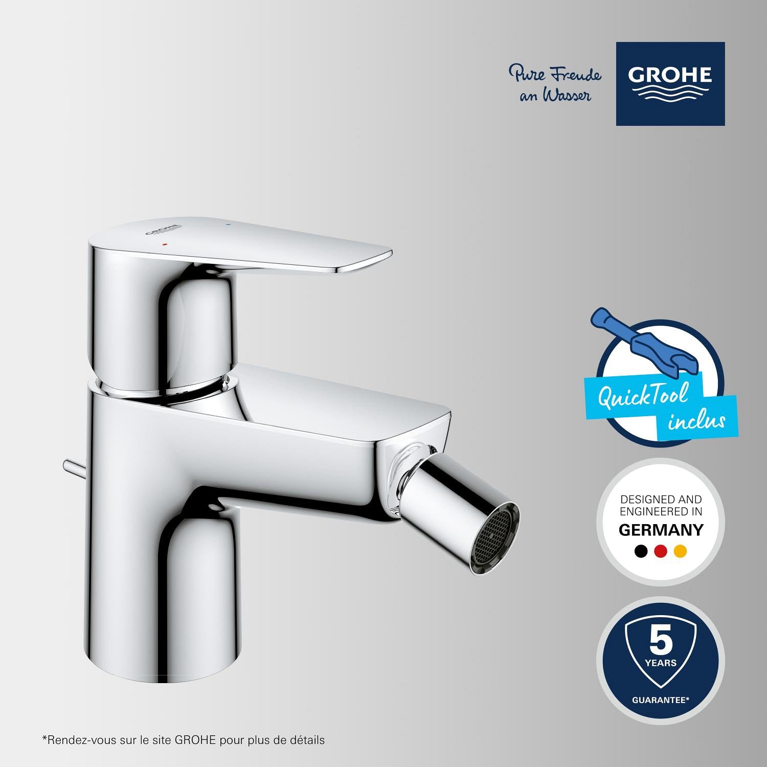 GROHE Mitigeur monocommande Bidet Start Edge, robinet avec tirette de vidage, mousseur économique d'eau, finition brillante et facile à nettoyer, chromé, 23345001 (Import Allemagne)