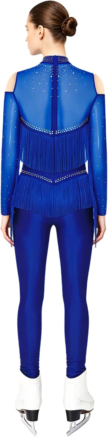 XUNZOO Women Gymnastics Dance Jumpsuit Tiered Tassel Leggings Performance Competition Unitard Full Body