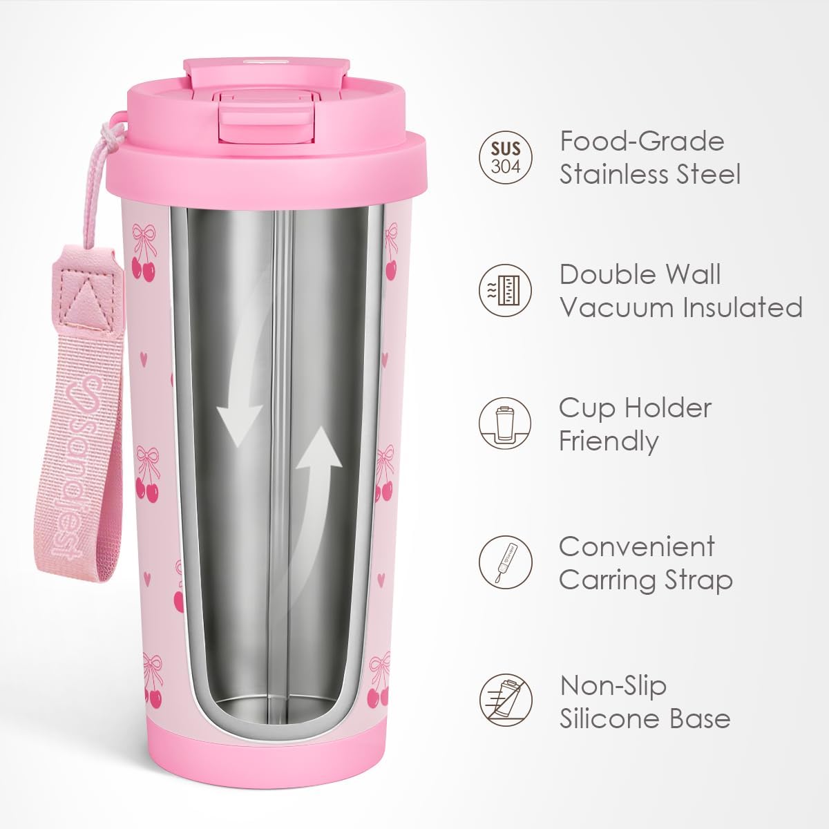 SANDJEST Cherry Tumbler - Stainless Steel 2-in-1 Lid Coffee Tumbler 18 oz, Insulated Travel Mug Gift for Women Girls Teen Mother, Birthday Christmas - Image 2
