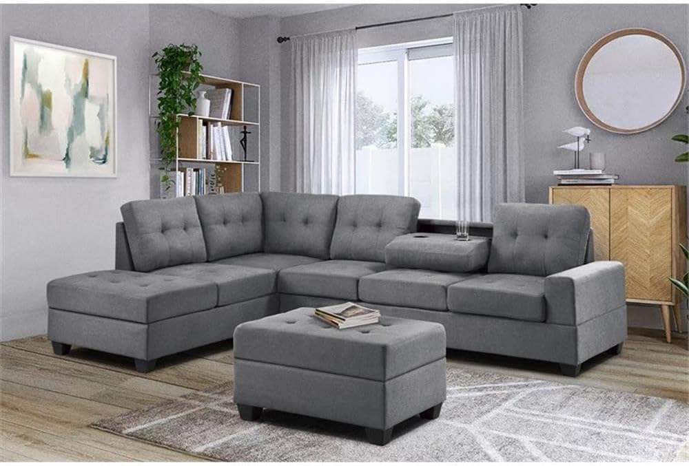 BOWERY HILL Modern Microfiber Sectional Sofa, Dark Gray Finish, 111.5 in x 80.5 in x 35.5 in, Reversible Chaise, Drop-Down Table with Cupholders, Tufted Cushions, Living Room Sofa