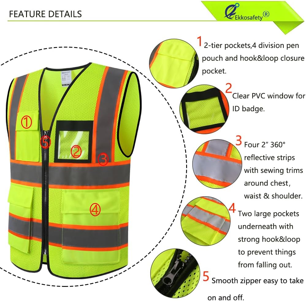 Reflective Mesh Safety Vest for Men Women with 8 Pockets and Zipper Front High Visibility Mesh Vest Hi Vis Construction Work Vest,Meets ANSI/ISEA Standards(EKH1-Yellow-M) thumbnail