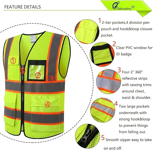 Miniatura 3 de Chaleco de seguridad de malla reflectante para hombres y mujeres, con 8 bolsillos y cremallera frontal, chaleco de malla de alta visibilidad,