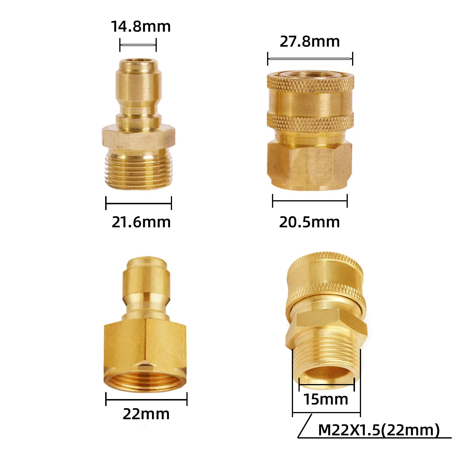 Set 4 Pezzi Adattatori Per Idropulitrice, Sgancio Rapido M22, Girevoli A 360°, Connessione 3/8'', Ottone