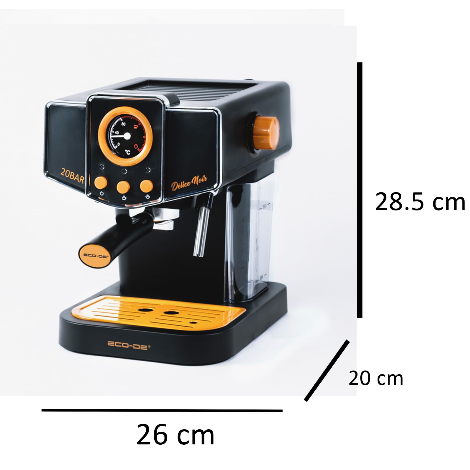 ECODE® Espressomaschine Maschine Delice Schwarz, 20 Bar Druck, Vaporizer Schwenkbar - Maschine mit Tank 1,5 L, milchaufschäumer, Ein-/Doppeldosierung, Manometer mit Temperatur - Kaffeemaschine