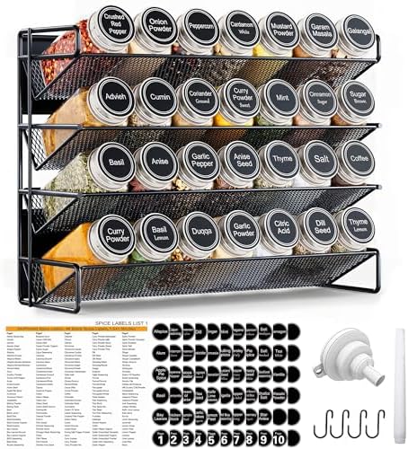Spice Rack Organizer for Cabinet with 28 Spice Jars, 386 Labels