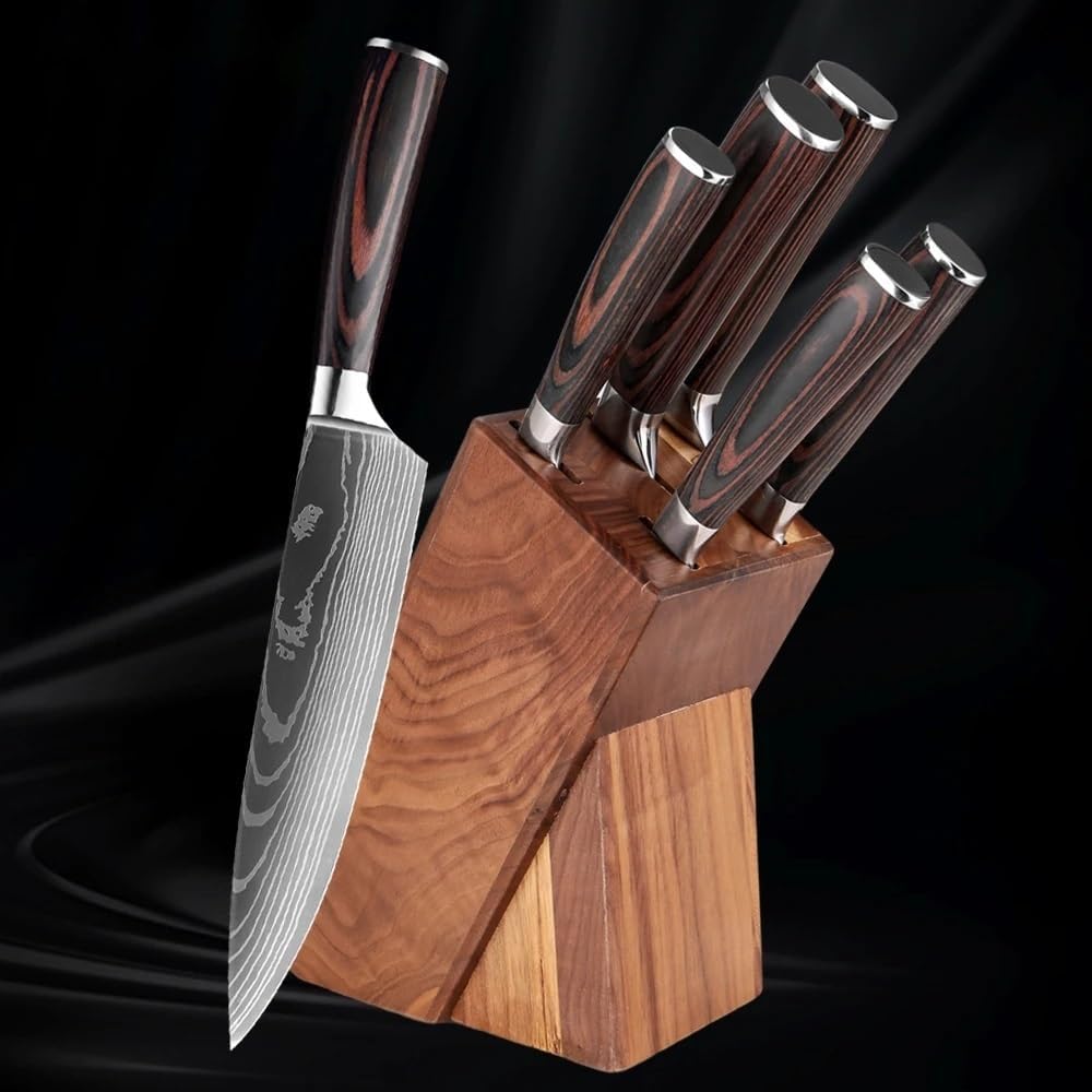 Set Cuchillos Cocina 6 Piezas Acero Inoxidable Base Madera