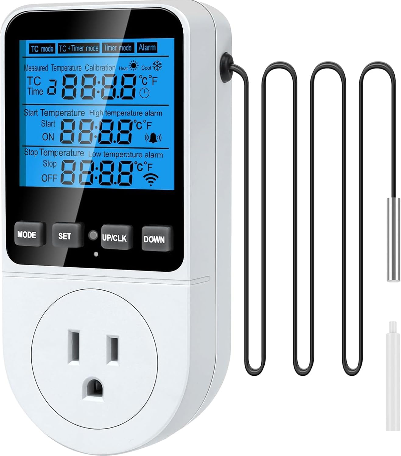 Plug in Thermostat Temperature Controller, Digital Thermostat Controlled Outlet Plug Heating Cooling Control, Temperature Controller 4 Modes, 3 Time Periods Timer, Alarm, Celsius Fahrenheit (TC818) Plug in Thermostat Temperature Controller, Digital Thermostat Controlled Outlet Plug Heating Cooling Control, Temperature Controller 4 Modes, 3 Time Periods Timer, Alarm, Celsius Fahrenheit (TC818)