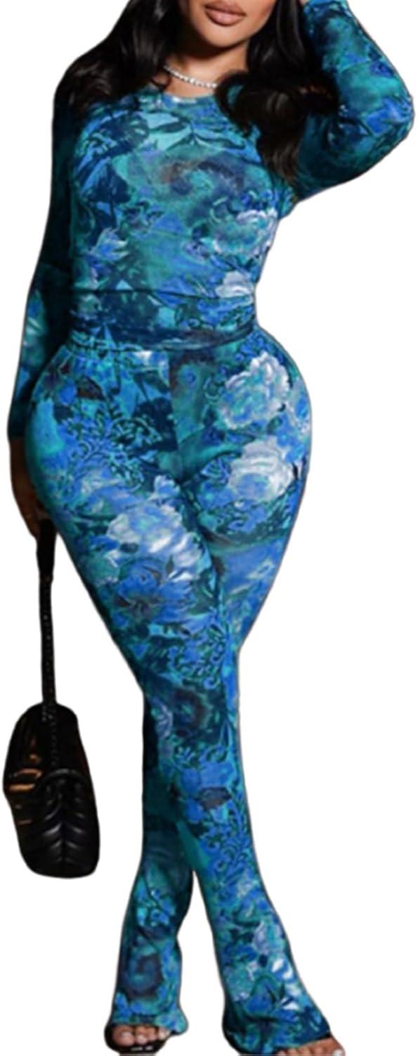 Sexy 2 Piece Set Jumpsuit for Women Floral Print See Through Mesh Long Sleeve Going Out Top and Flare Pants Sets