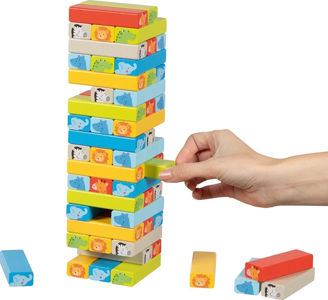 goki 56297 - Wobble Tower with Animal Motifs and Wooden Motif Cube - 55 Piece Skill Game for Children