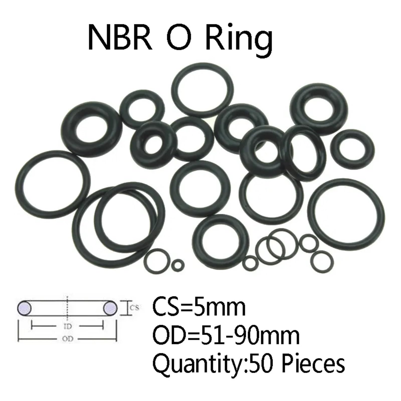 SSIMOO 50 piezas CS 5mm NBR junta tórica de goma junta tórica negra for automóvil junta de sellado de aceite OD 51-90mm kindly(OD89mm)