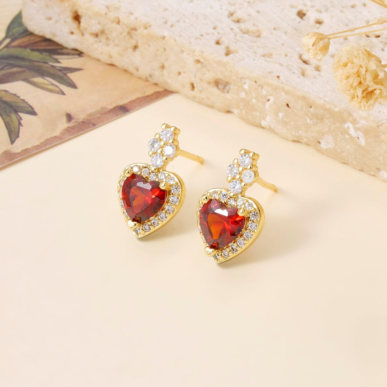 Birthstone Stud Earrings for Women Dainty 14k Gold Plated Gold Heart Earrings Cubic Zirconia Earrings Simulated Gemstone Rings Valentines Birthday Gifts for Her Wife Mom Grandma - Image 4