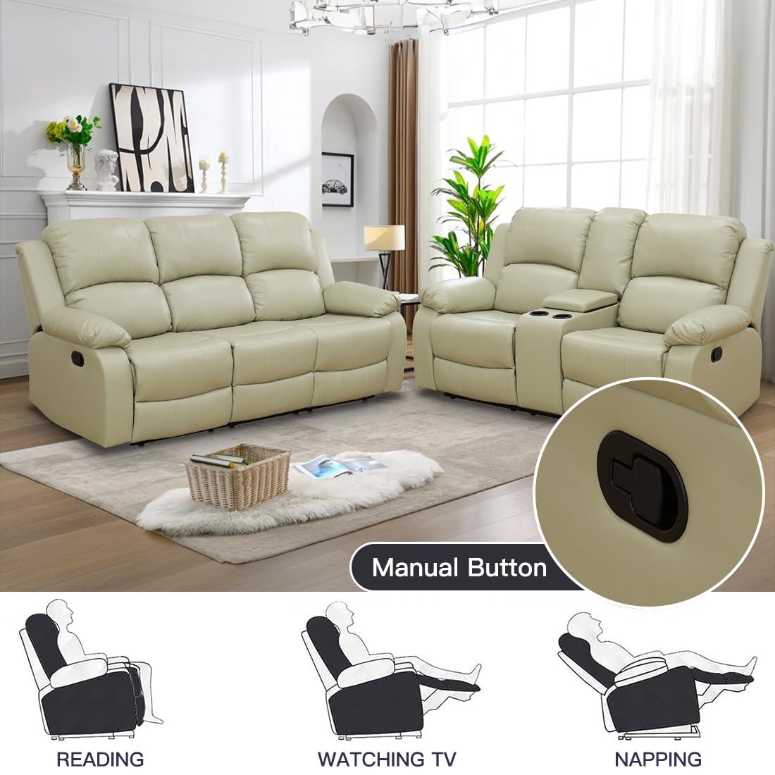 Toseslo Living Room Furniture Sets, Manual Reclining Sofa and Lovseat Set with Drop-Down Table, Leather Recliner Couch Sets, Recliner Sofa with Storage Console/Cup Holder for Home/Apartment(Beige) view 5