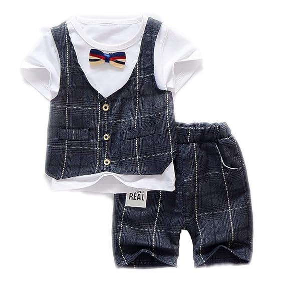 Bold N Elegant Ice Blue Waistcoat and Red Bow Attached Little Boy Baby Clothing Set Pyjama Tshirt Pant Set Dress for Baby Kids