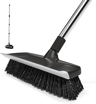 ITTAR Floor Scrub Brush with 55" Long Handle, 10" Wide Stiff Bristles Deck Brush, Stainsless Steel Pole Heavy-Duty Cleaning Brush, 2-in-1 Scrubber with Ruber Squeegee for Deck, Patio, Pool, Tile, Wall
