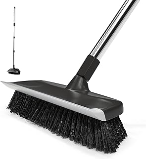 Multi-Purpose Scrub Brush with Long Handle, 10" Wide Stiff Bristles Floor Cleaning Brush, 2-in-1 Heavy-Duty Shower Scrubber Brush for Deck, Patio, Pool, Kitchen, Garage, Shower Floor-Black