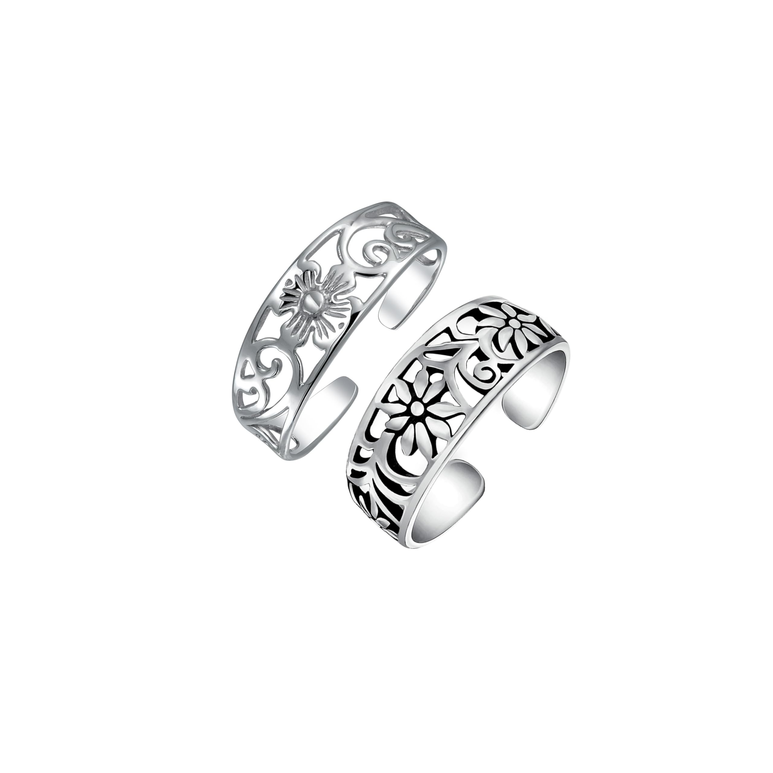Set di Due Fiori Vite Intagliata Ricciolo Intagliato Filigrana Ossidato Anello da Dito del Piede per Donna in Argento Sterling .925 Regolabile