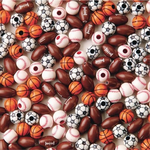 S&S Worldwide Color Splash! Sports Bead Mix: Football Baseball Soccer & Basketball Beads. Make Kids Sports Jewelry Add To Backpacks & Shoelaces 12-15mm with 2.5-3.5mm holes. Plastic. Pack of 144