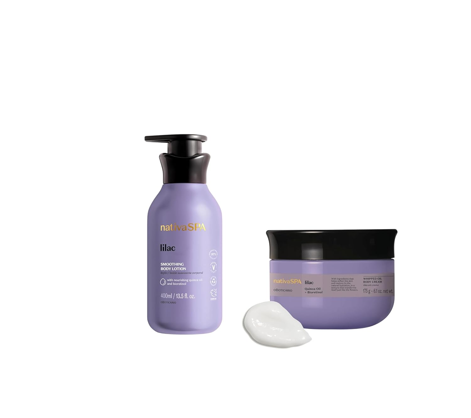 Nativa SPA Body Smoothing Lilac Bundle: Body Lotion (13.5oz) & Whipped Body Oil (6.1oz) with Nourishing Quinoa Oil + Bioretinol