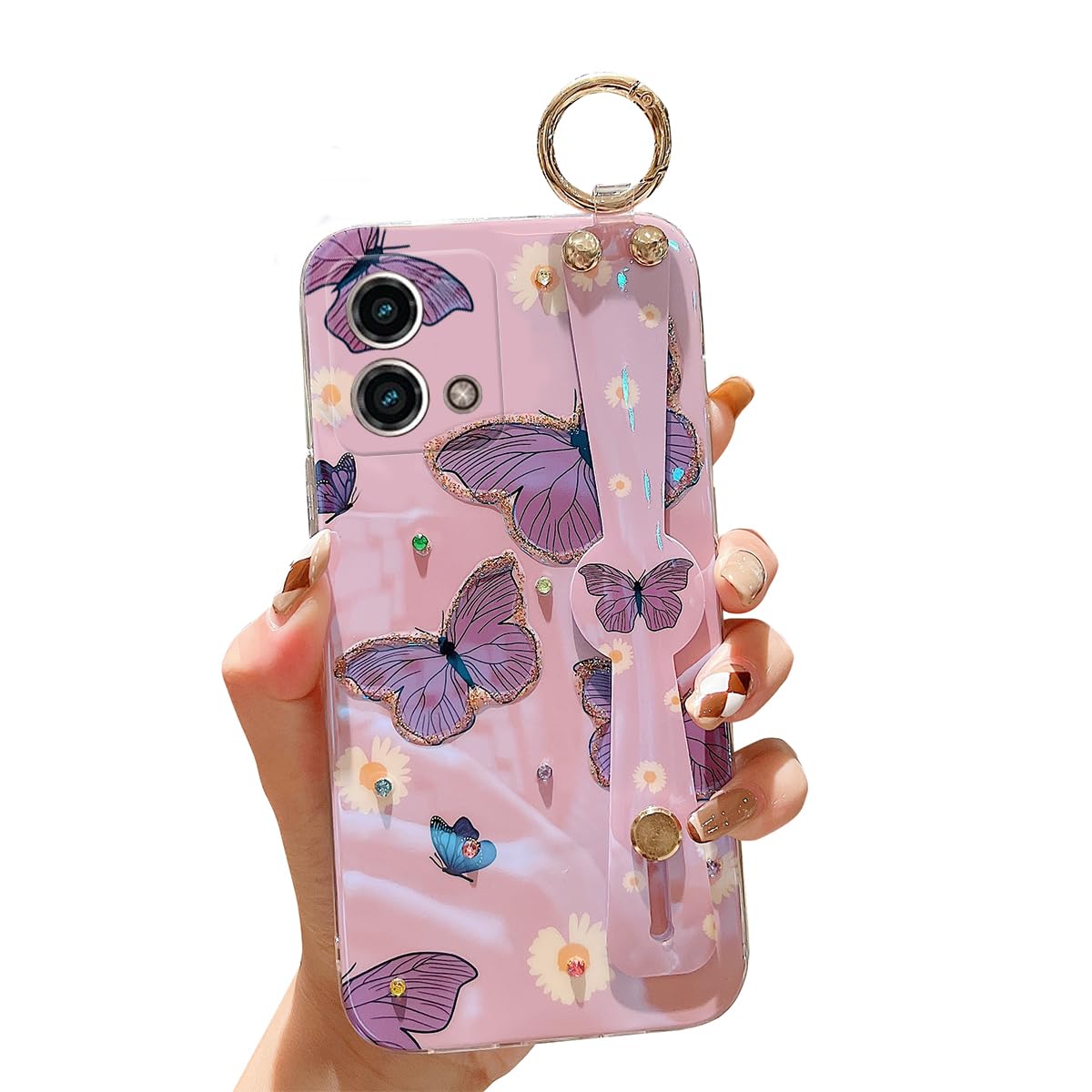 Lastma for Motorola Moto G Stylus 5G [Not 4G] 2023 6.6" Case with Wrist Strap Stand Glitter IMD Cute Kawaii Cartoon Pattern Design Shockproof Protective Phone Cases for Girls & Women - Butterfly