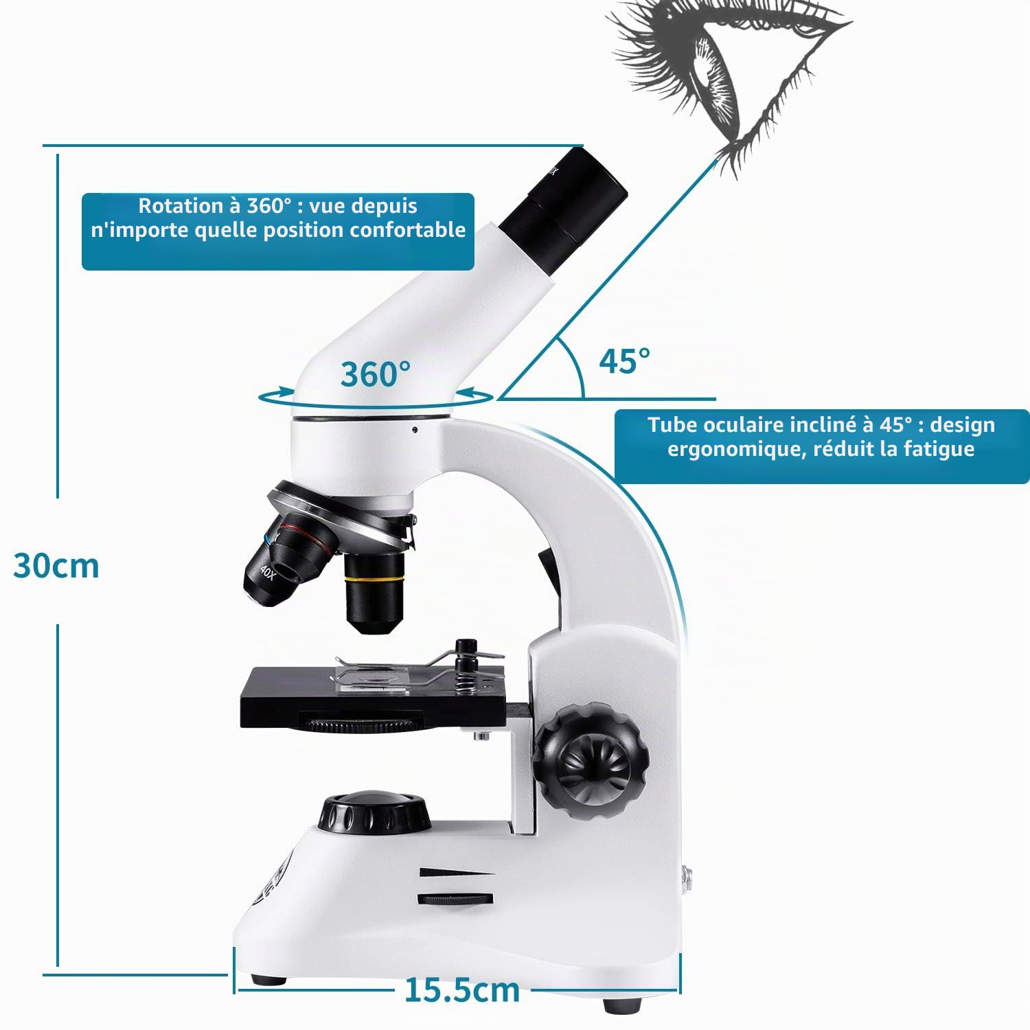 MÉTAL 2000X Deux-Oculaires WF Microscope Optique Professionnel, 80X à 2000X Manuel en Français et Prise UE pour Enfants et Étudiants Adultes