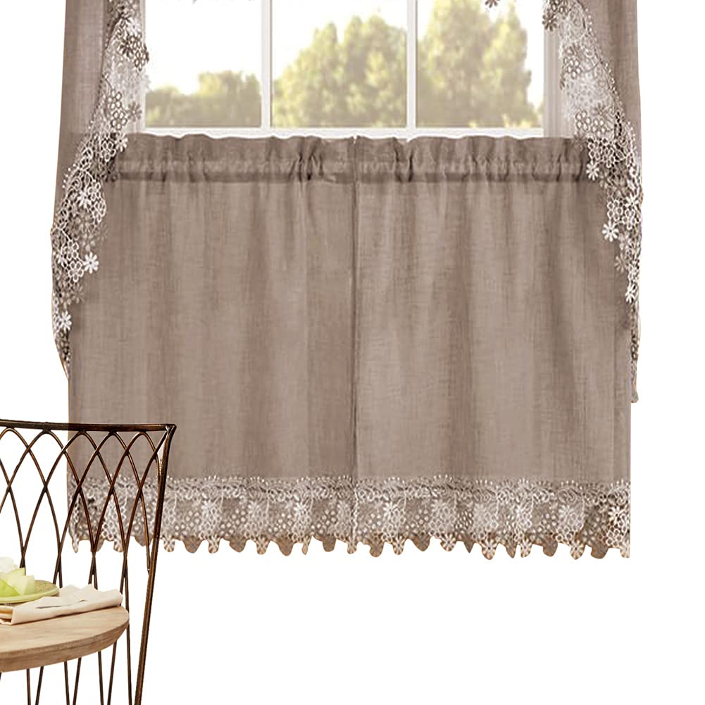 Collections Etc RENAISSANCE HOME FASHION LILLIAN Tier Pair with Macrame Band, 56" X 36"", Linen