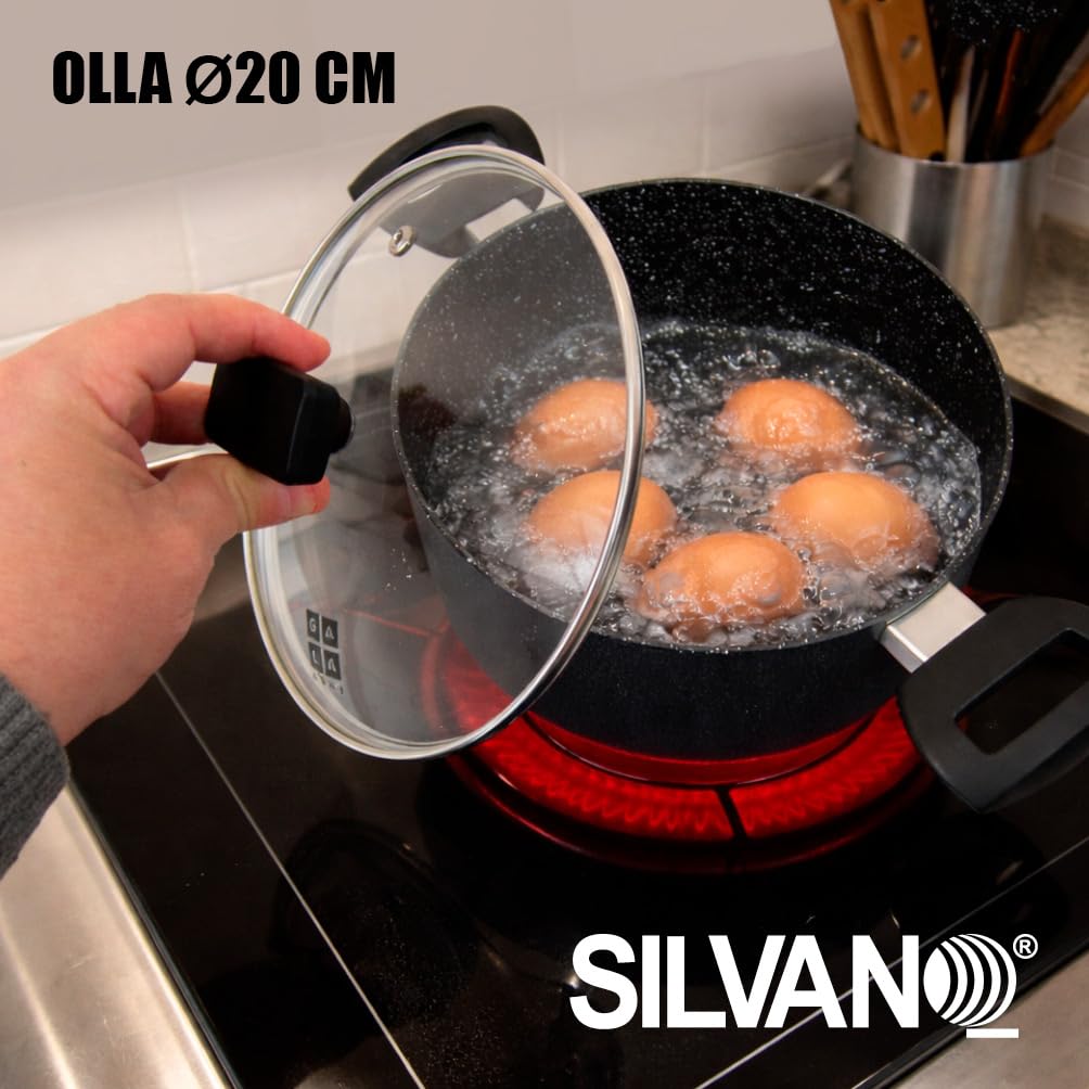 Batería de Cocina 5 Piezas Antiadherente | Juego de Ollas y Sartén de Aluminio | Apta para Inducción, Gas y Vitrocerámica | Tapas de Cristal | Juego de Sartenes y Ollas para Cocina