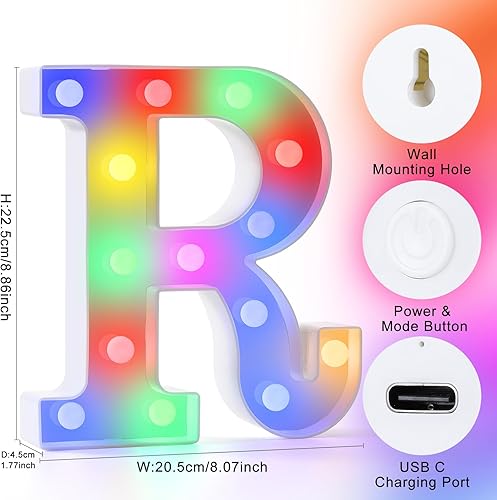 Miniatura 29 de mooncow Letras iluminadas recargables, letras de marquesina duraderas, luz nocturna inicial colorida para niños con control remoto, luces LED