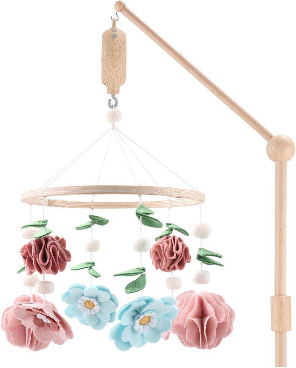 Móvil de cuna para niñas, móvil musical de madera para cuna de bebé con 12 canciones de cuna, decoración floral para guardería de bebé con flores silvestres