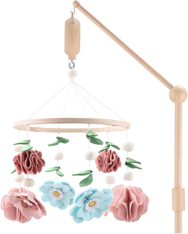 celular de cuna para niñas, celular musical de madera para cuna de bebé con 12 canciones de cuna, decoración floral para guardería de bebé con flores silvestres