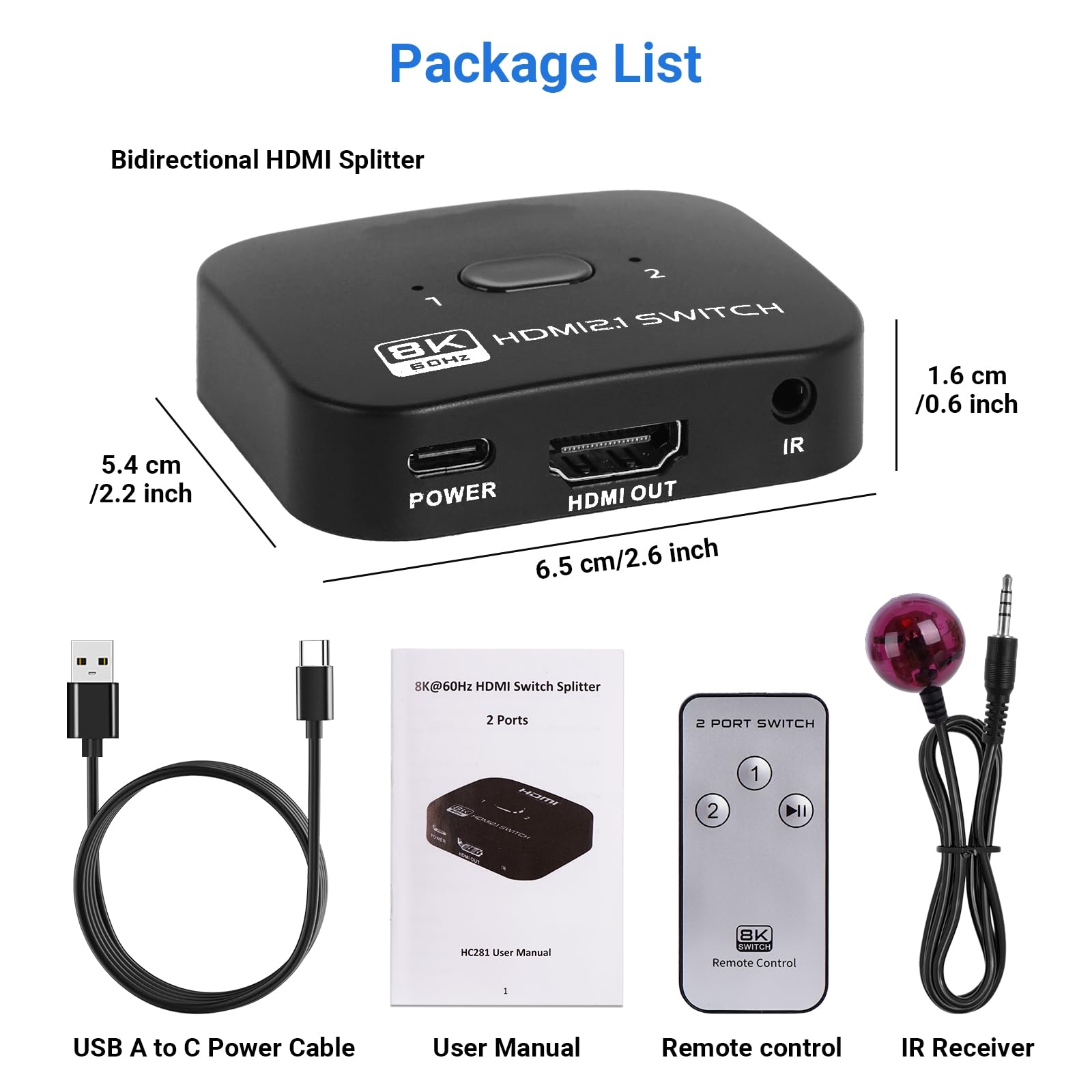 TCNEWCL Switch HDMI 8K 60Hz, 4K 120Hz Répartiteur 1 Entrée 2 Sorties ou Commutateur 2 Entrées 1 Sortie, Splitter 2.1 Bi-Direction, Compatible avec PS5 PS4 Xbox Lecteur Blu-Ray PC