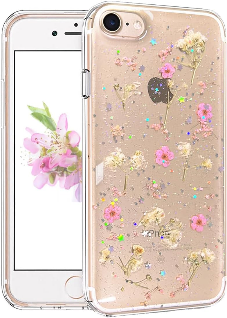 for iPhone 7/8/SE 2020/SE 2022 Case Clear with Real Pressed Flowers Design Glitter Cute Sparkly Floral Pattern Slim Soft TPU Protective Women Girl’s Phone Cover (Pink)