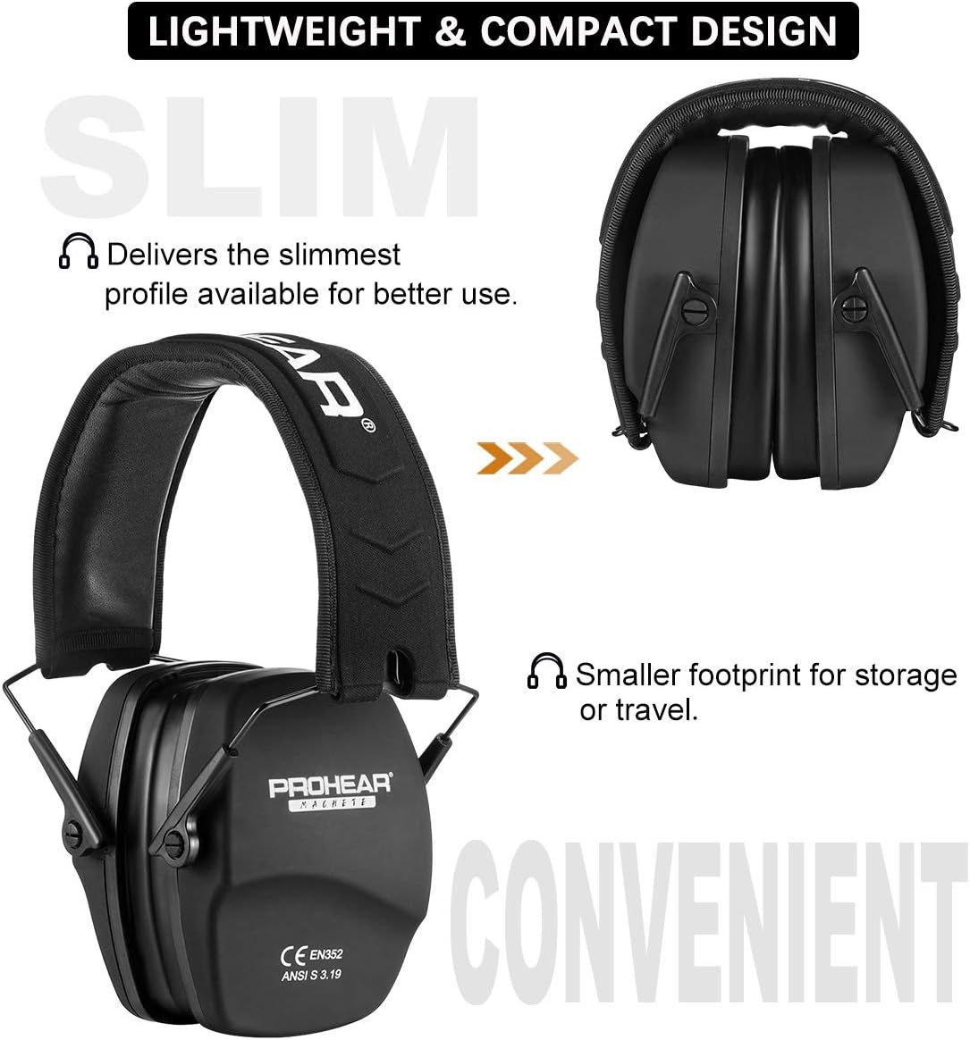 PROHEAR 016 Ear Protection Safety Earmuffs for Shooting, NRR 26dB Noise Reduction Slim Passive Hearing Protector with Low-Profile Earcups, Compact Foldable Ear Defenders for Gun Range, Hunting (Black) : Sports & Outdoors