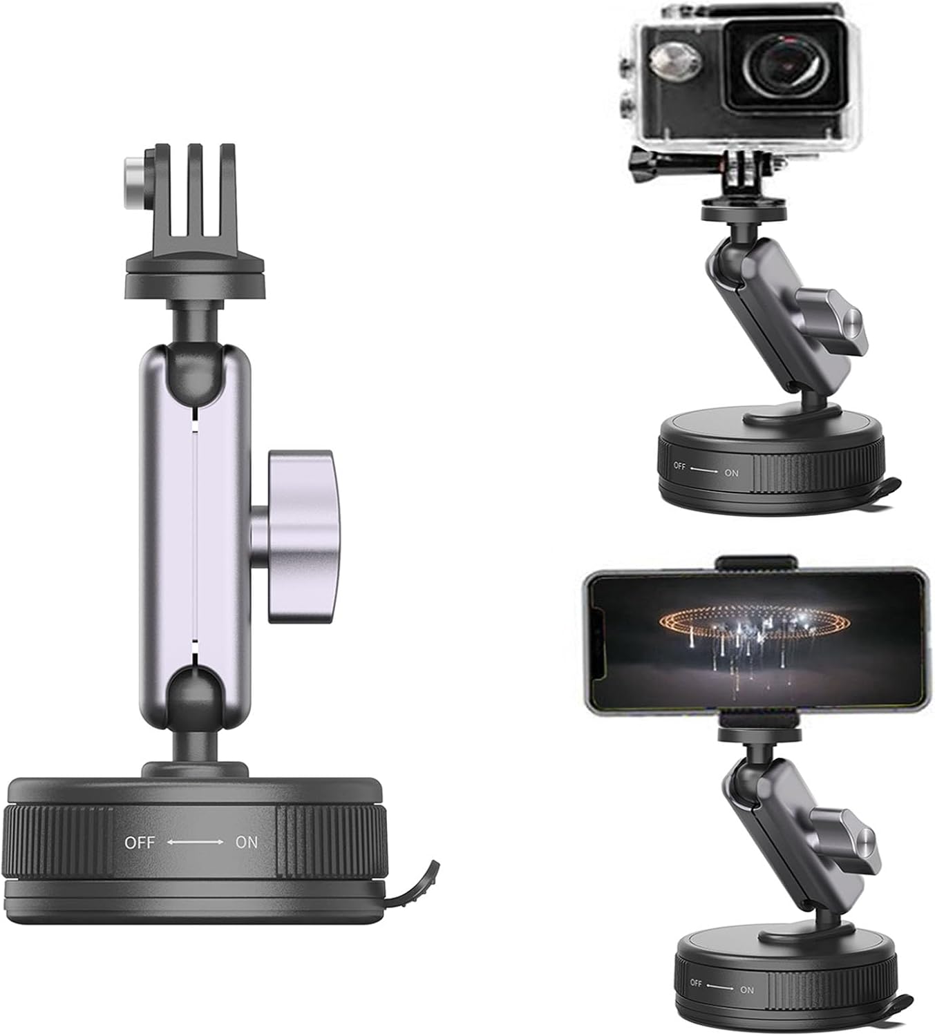 Suction Cup Mount for Action Cameras - Car Boat Windshield Window for Vlogging, Driving & Outdoor Video Holder with 1/4 Thread & Phone Grip, for GoPro Hero 13/Insta360 X5/DJI OSMO Action 6