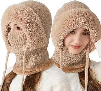3 in 1 Beanie Hat with Scarf and Mask,Autumn and Winter Knitted Hat for Women