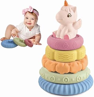 Baby Stacking Nesting Toys, Soft Squeeze Building Circle with Pink Horse, Baby Teething Toy Sensory Early Educational Toys for Newborn Toddlers