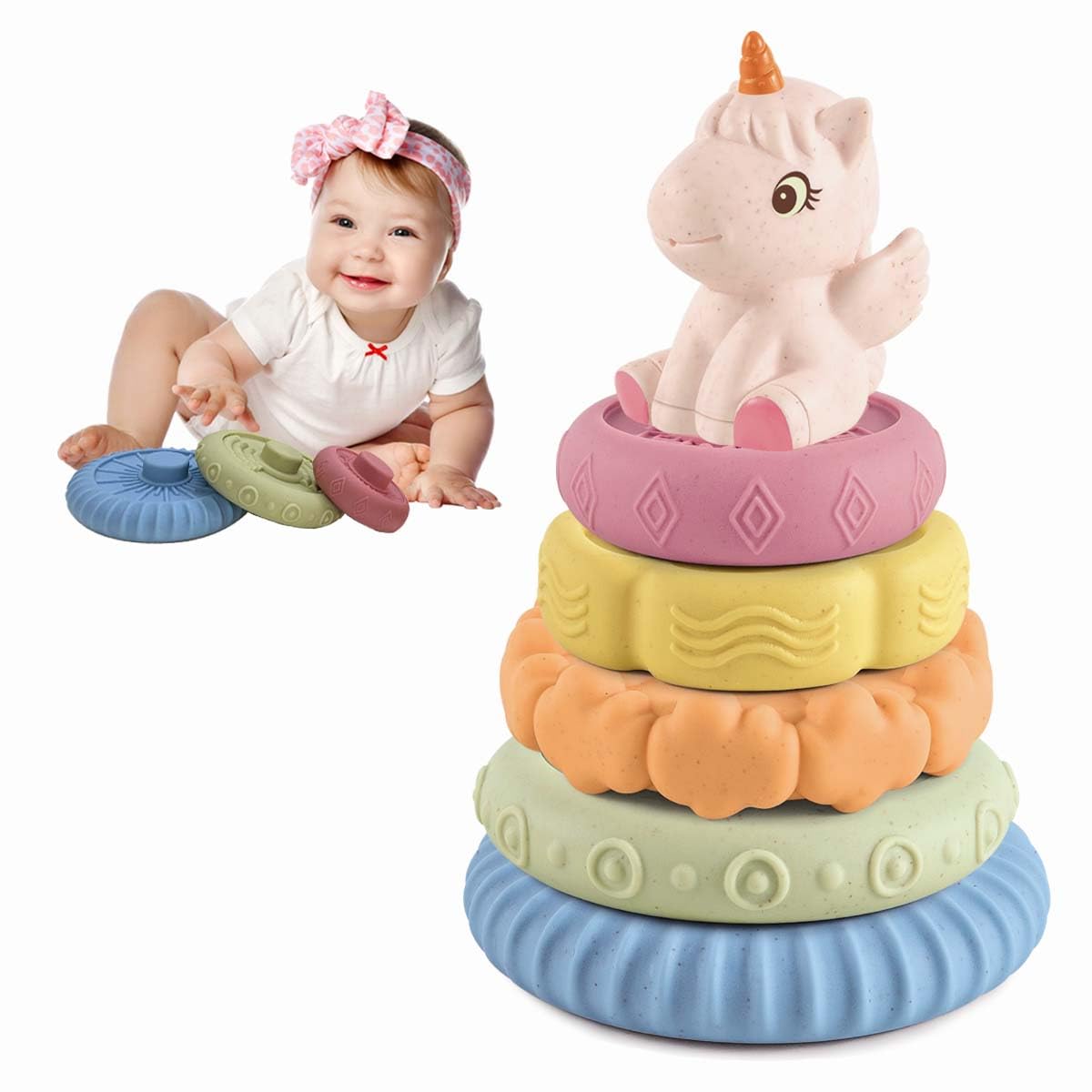 Giocattolo Per Bambini Anelli Da Impilare Morbidi Con Cavallo Rosa – Dentini E Sonaglio, 8+ Mesi