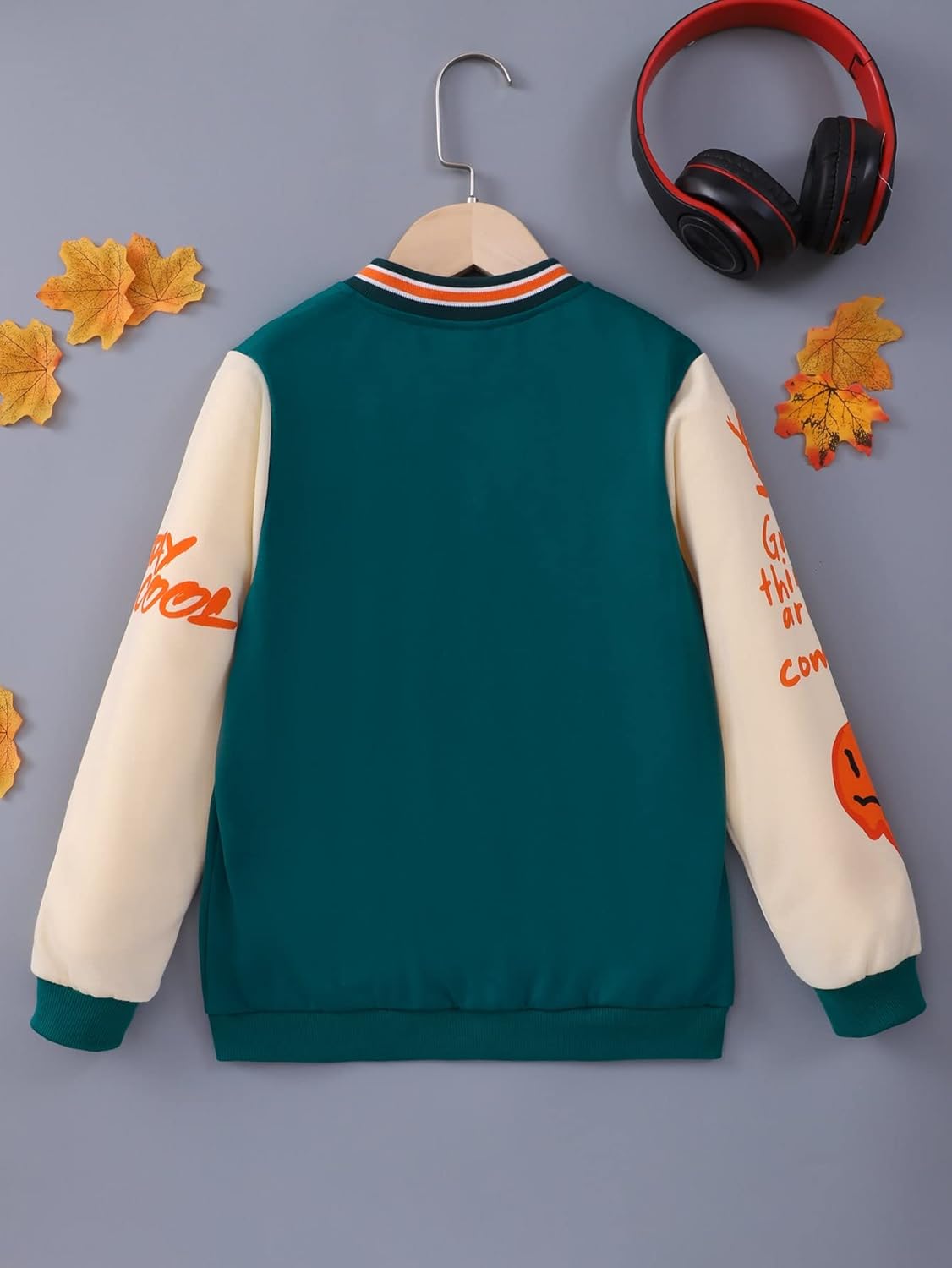 WDIRARA Boy's Letter Graphic Print Bomber Baseball Coat Button Front School Uniform Varsity Jacket - Image 2