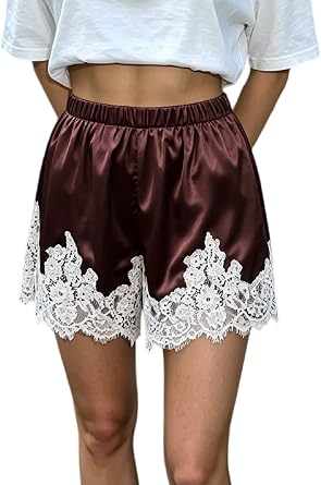 UAURORAO Women Satin Silk Shorts Lace Trim Patchwork Mini Micro Shorts Silky Low Rise Coquette Lounge Slip Bottoms