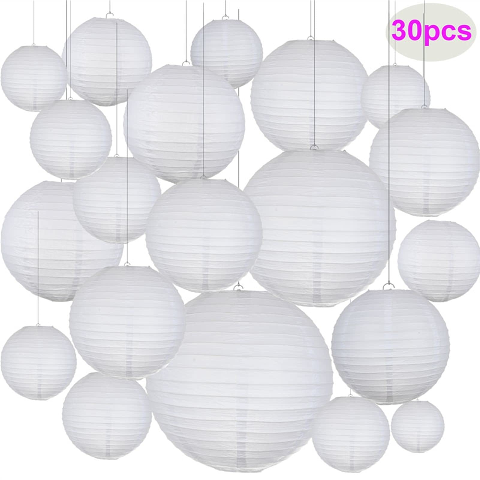 Lanterne Di Carta,Lanterna Di Carta 30 pezzi Mix Size Bianco Paper Lanterne di carta cinese Sfera di carta Lampione per feste di nozze Decorazioni vacanze