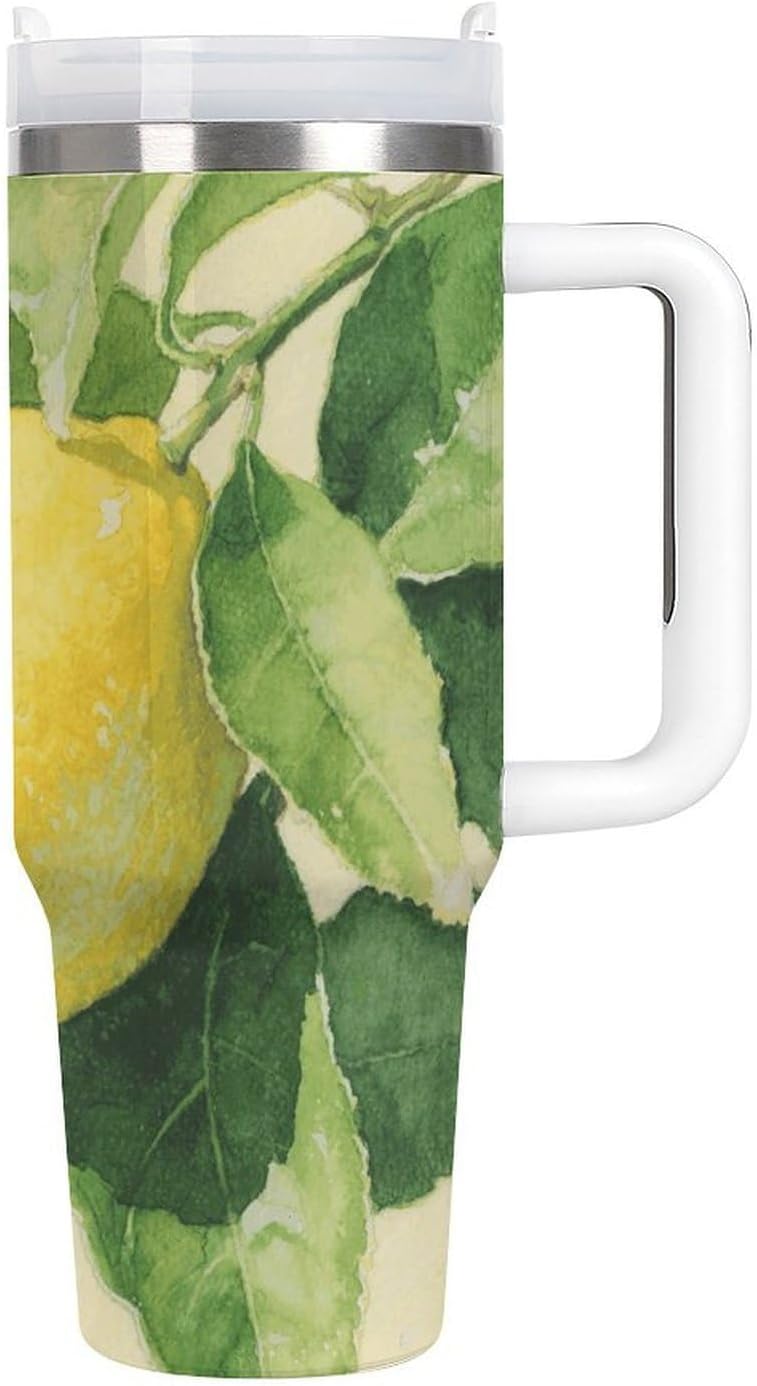 Watercolor Lemon Fruit Water Bottle with Straw Lid Stainless Steel Tumbler with Handle Leak Proof Coffee Mug Double Wall Vacuum Insulated Bottle Fit in Any Car Cup Holder 40 Oz