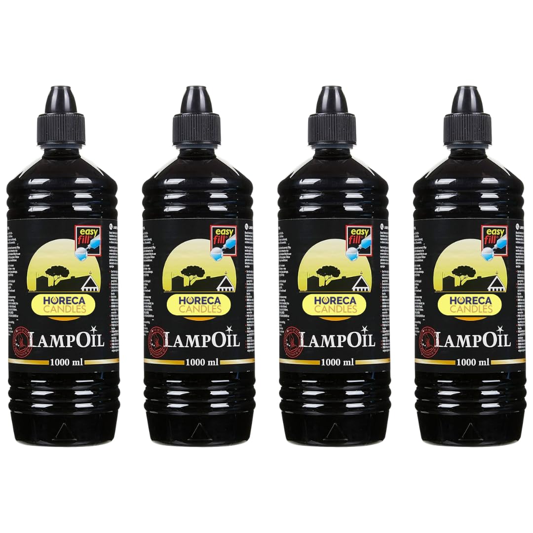 HORECA CANDLES, Aceite para Lámparas – 4x1L Parafina, Cera Líquida de Larga Duración, Sin Humo y Sin Olor | Transparente | Uso Litúrgico, Lámparas de Petróleo, Velas, Antorchas | Interior y Exterior