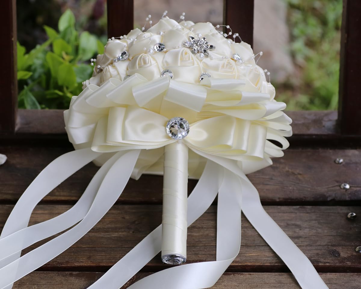 Wedding Bouquets for Bride Bridesmaid Brooch Bouquet Handmade Artificial Flower Tossing Bouquet for Wedding Ceremony Anniversary(Ivory,15cm, 1PC) - Image 3