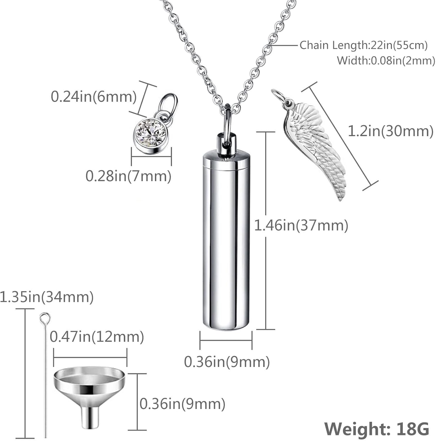 Urn Necklace for Ashes, Birthstone Necklace Stainless Steel Angel Wing Cylindrical Pendant Keepsake Cable Chain 22 Inch 2MM