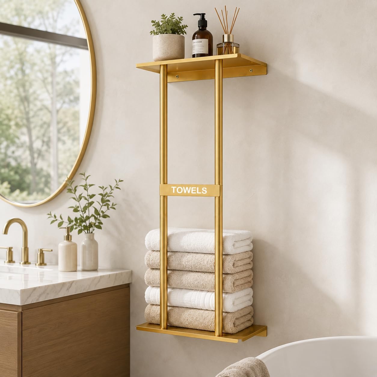 Z METNAL Wall‑Mounted Metal Towel Rack with Shelf, 31 x 12 in, Gold
