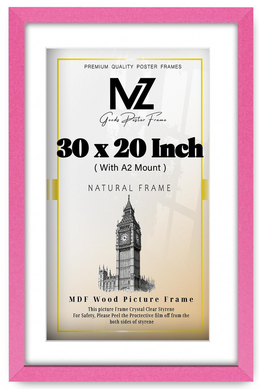 MZ GOODS | Modern Pink 30 x 20 Inch With A2-(23 x 16 Inch) White Mount Poster Frame - 762 x 508 mm Engineered Wood | (76.2 x 50.8 cm) [ Pink ] — image 1