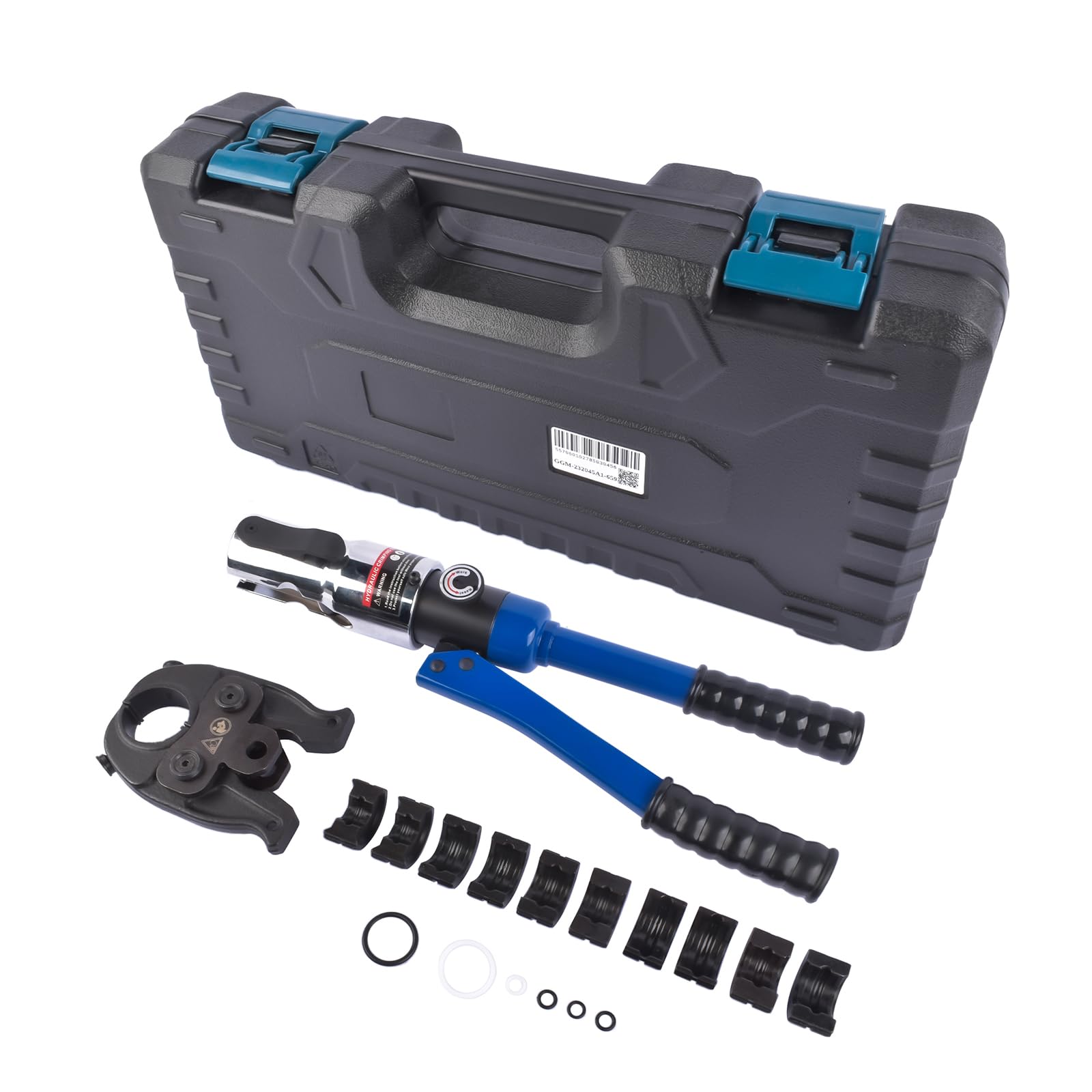 Profi Presszange V-Kontur (hydraulisch) 12-15-18-22-28 Set Presswerkzeug mit 360° drehbarem Kopf für Kupferrohr, Edelstahlrohr, Edelstahlrohr, Backeneinsätze V12, V15, V18, V22, V28, Blau