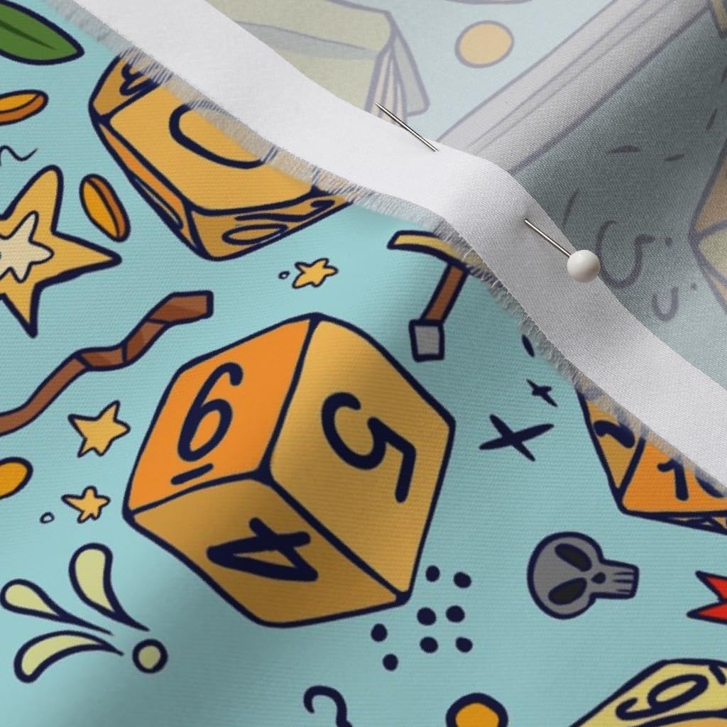 Spoonflower Fabric - Dice Fantasy Blue Yellow Sorcery Illustration Nerd Sword Games Dragons Printed on Organic Cotton Sateen Fabric by The Yard - Sewing Quilting Apparel Home Decor